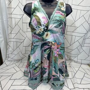 Torrid Swim Dress Size 0 Multicolor Tropical Leopard Lace Trim Swim Top